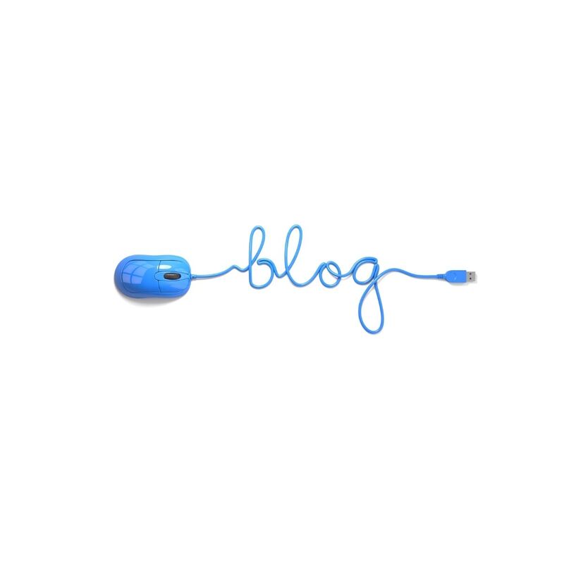 Picture of a blue mouse and wire spelling out blog